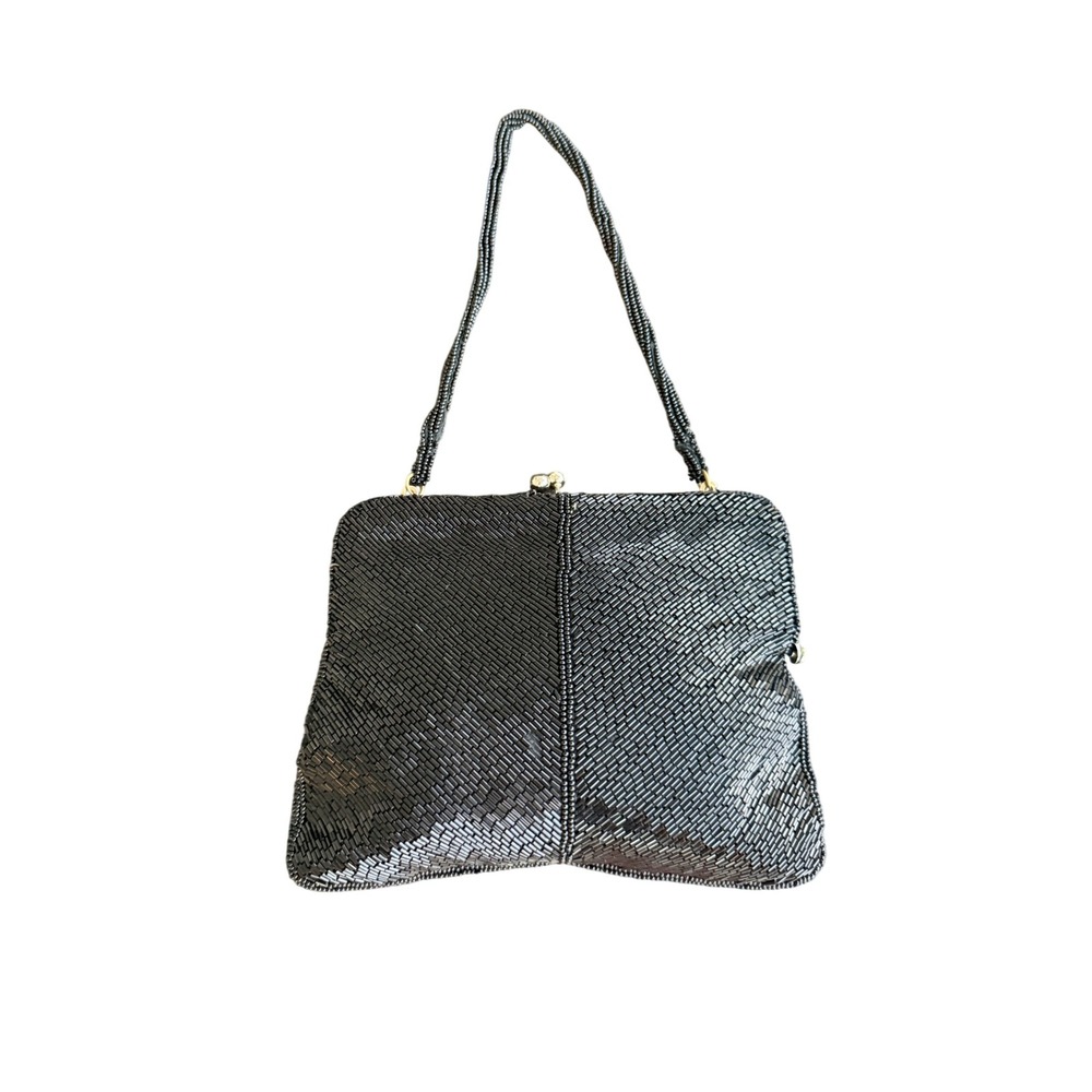 Vintage Black Glass Bugle Beaded Evening‎ Purse Kiss Lock Made in Korea 1980s